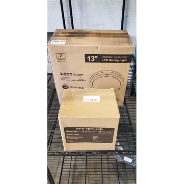 NEW 2 PACK 13" DIMMABLE DOUBLE RING LED CEILING LIGHT AND NEW SOLAR SPOTLIGHTS MODEL TS-G0102