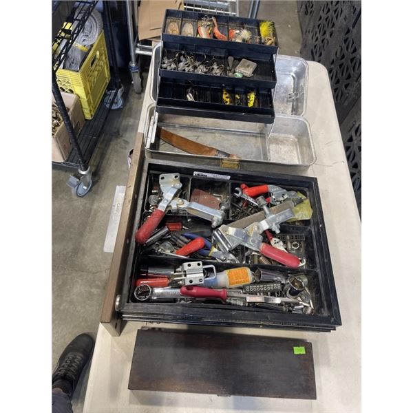 ASSORTED CLAMPS AND BITS, MACHINING TOOLS, AND VINTAGE TOOLBOX WITH SOME TACKLE