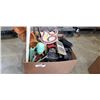 Image 1 : BOX OF ASSORTED HOUSEHOLD ITEMS INCLUDING 3 FRYING PANS, 7 HEADPHONE CASES, CRIB BOARDS