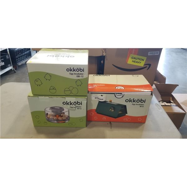3 NEW OKKOBI EGG INCUBATORS. MODELS M10, OBI12, AND KF12