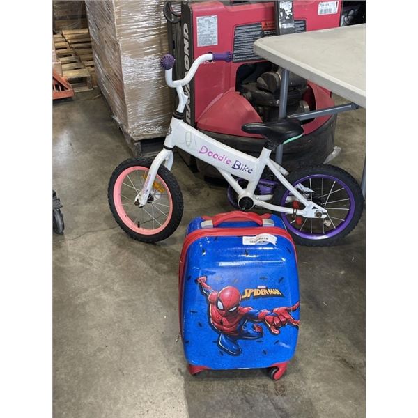 GIRLS BIKE AND SPIDERMAN SUITCASE