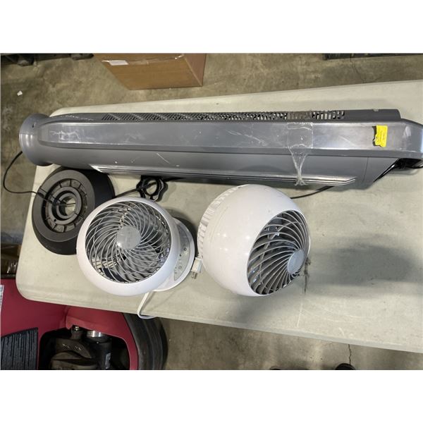 TWO WOOZOO TABLE FANS AND SEVILLE CLASSIC TOWER FAN ALL WORKING