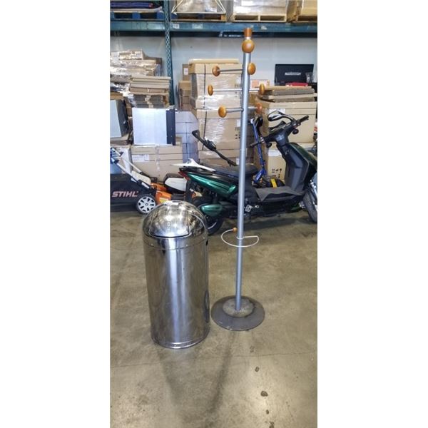 CHROME COMMERCIAL GARBAGE CAN, LIFT OFF AND COAT RACK