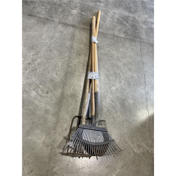 SHOVEL, METAL RAKE, GARDEN HOE, AND PITCHFORK