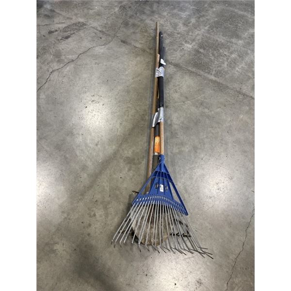 2 METAL RAKES, SHOVEL AND A GARDEN HOE