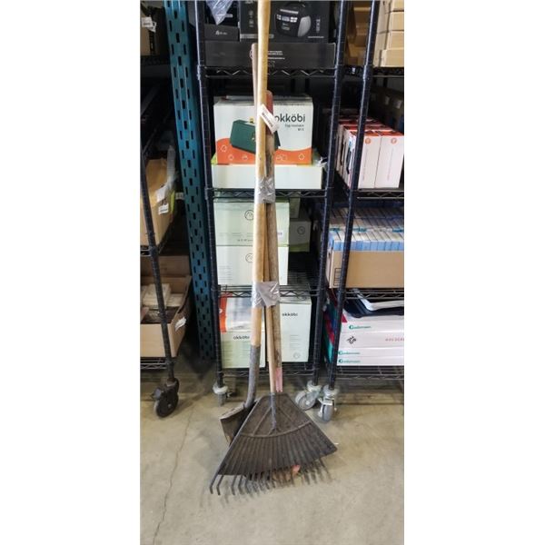 2 SHOVELS AND A PLASTIC RAKE