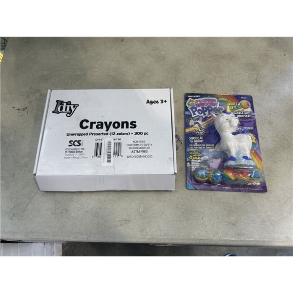 IDIY UNWRAPPED PRESORTED CRAYONS (12 COLORS) 300PC, AND HOGWILD POOPING UNICORN. SHOOTS 20FT!