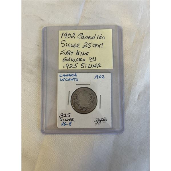 1902 FIRST YEAR KING EDWARD VII CANADIAN SILVER 25 CENT .925 SILVER