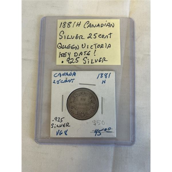 1881 H CANADIAN SILVER 25 CENT QUEEN VICTORIA KEY DATE .925 SILVER