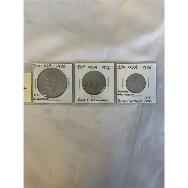 3 BICENTENNIAL 1776-1976 USA COINS, $1 EISENHOWER, 50 CENT KENNEDY, 25 CENT WASHINGTON