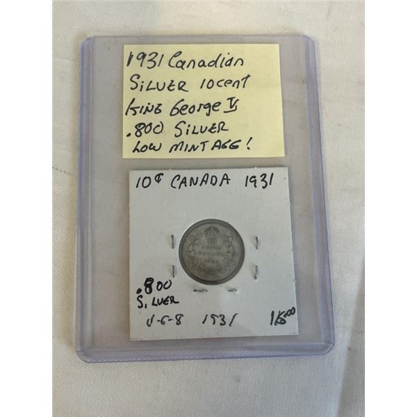 1931 CANADIAN SILVER 10 CENT KING GEORGE V .800 SILVER LOW MINTAGE