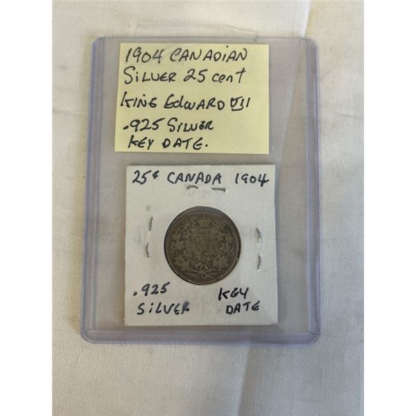 1904 CANADIAN SILVER 25 CENT KING EDWARD VII .925 SILVER KEY DATE