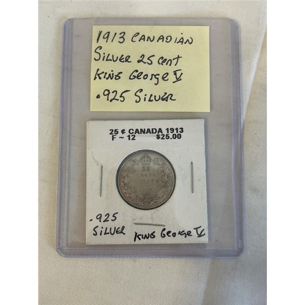 1913 CANADIAN SILVER 25 CENT KING GEORGE V .925 SILVER