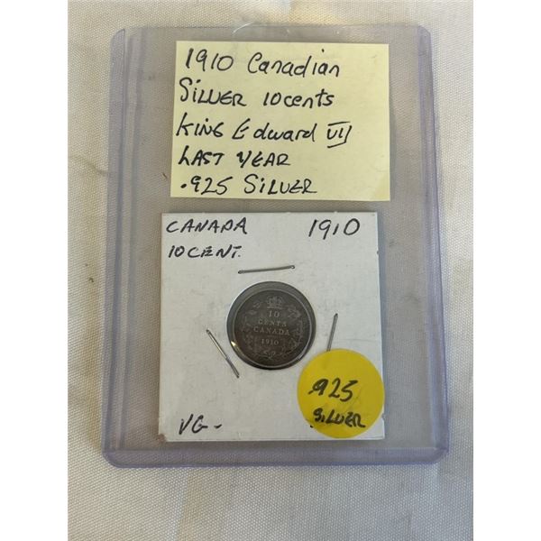 1910 CANADIAN SILVER 10 CENT LAST YEAR KING EDWARD VII .925 SILVER