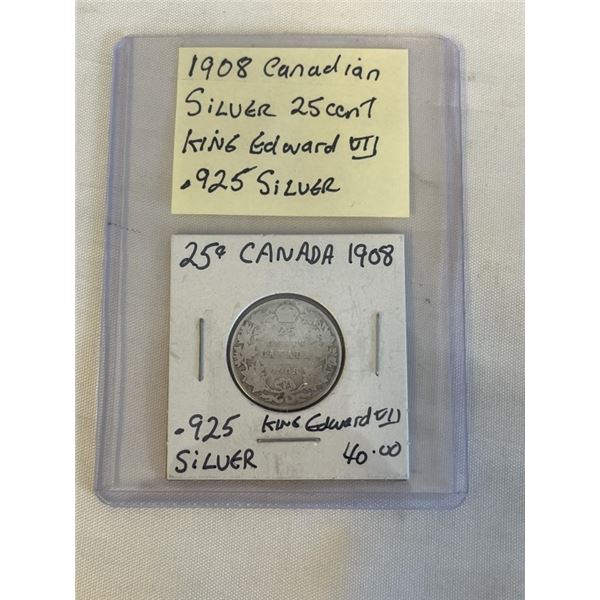 1908 CANADIAN SILVER 25 CENT KING EDWARD VII .925 SILVER