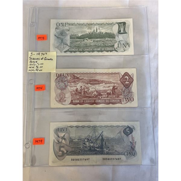 3 - 1970S SCENES OF CANADA BILLS, 1973 $1, 1974, $2, 1979 $5