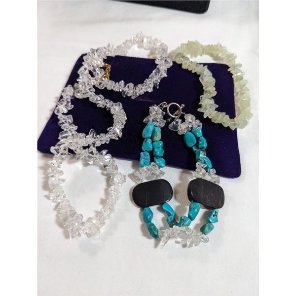 ROCK CRYSTAL AND OTHER NECKLACE AND 2 BRACELETS