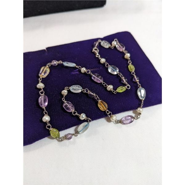 VINTAGE STERLING SILVER W/ REAL PEARLS AMETHYST AND PERIDOT STONE BEADS NECKLACE