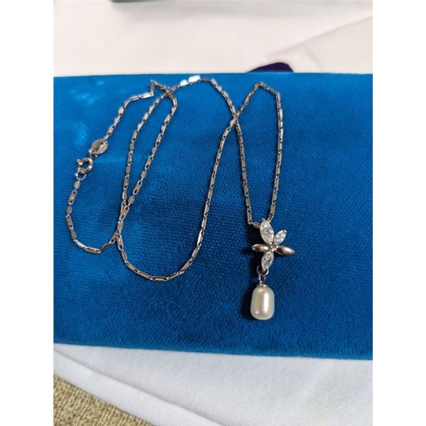925 STERLING SILVER ITALY CHAIN W/ REAL PEARL PENDANT NECKLACE