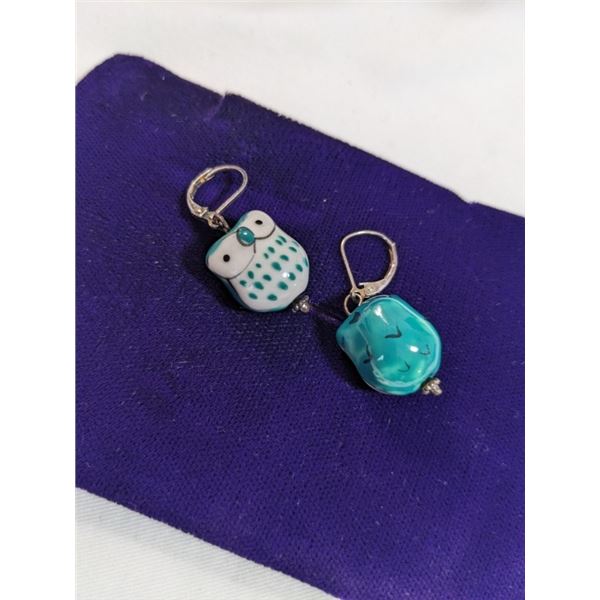 PAIR OF STERLING SILVER HAND PAINTED OWL EARRINGS