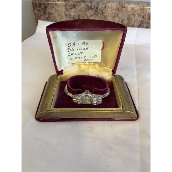DAMAS DELUXE VINTAGE LADIES WATCH IN CASE, SOME STONES MISSING