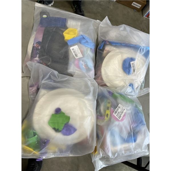 4 BAGS OF NEW PARTY SUPPLIE KITS - BALOONS, BANNERS, PLATES, ETC