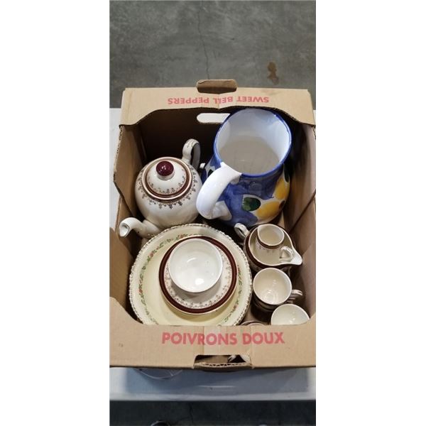 BOX OF CHINA AND POTTERY JUG
