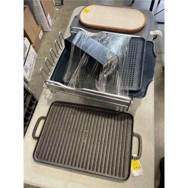 CUISINART COLLAPSIBLE STRAINER, DISH DRYING RACK, SERVING TRAY AND CAST IRON GRIDDLE