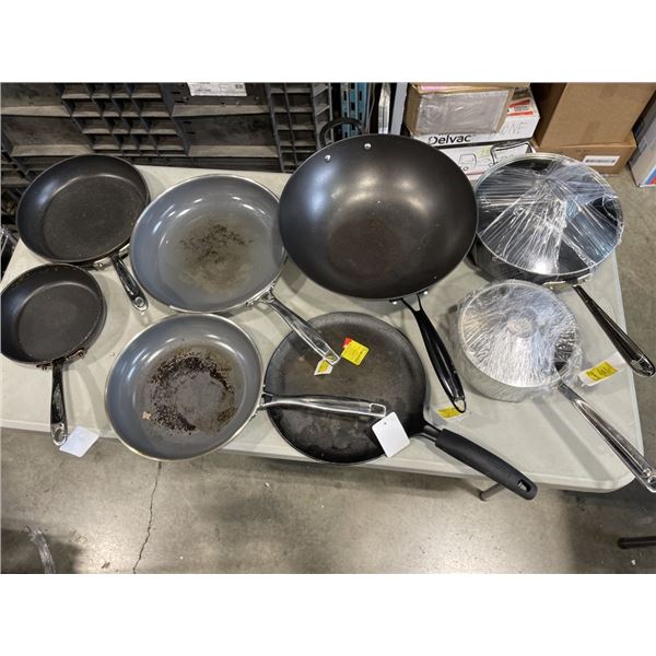 BOX OF ALL CLAD PANS AND WOK