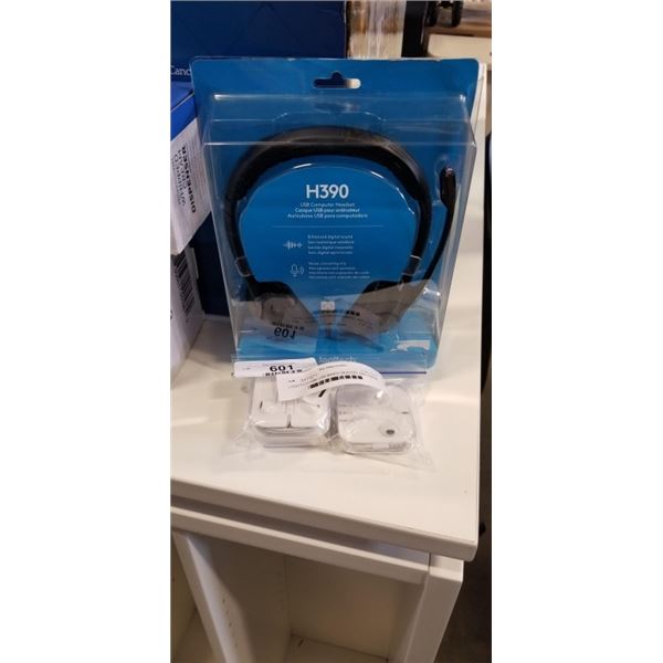 LOGITECH H390 USB WIRED HEADSET AND 3 NEW PAIRS OF APPLE EARPODS - ALL WORKING