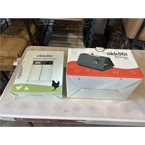 NEW OKKOBI EGG INCUBATOR MODEL M10 AND OKKOBI AUTOMATIC CHICKEN COOP DOOR. DARK BROWN COLOR