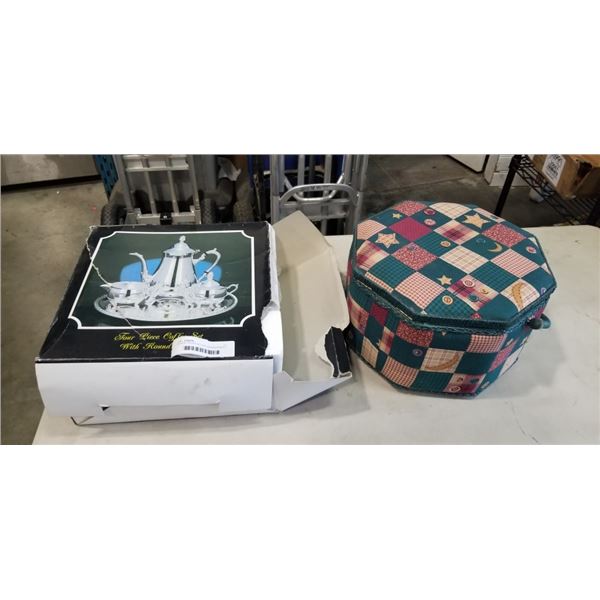 4 PIECE COFFEE SET AND SEWING BASKET WITH CONTENTS