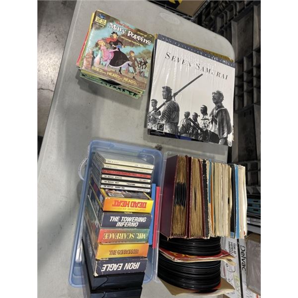 LOT OF VINTAGE RECORDS, DISCS, VHS, ETC