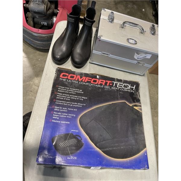 HARD CASE WIUTH CONTENTS, CAR SEAT CUSHION AND RUBBER ANKLE BOOTS SIZE 29