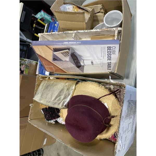 2 BOXES OF ASSORTED NEW AND MODERN DEOR, SCARVES AND CLOTHING, SUN HATS ETC