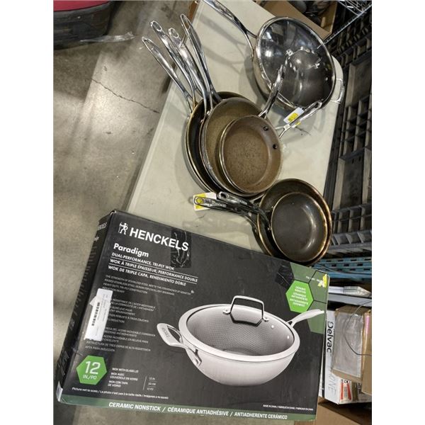 BOX OF HENKLES FRYING PANS