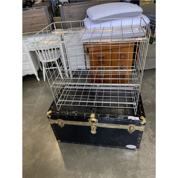 VINTAGE METAL SHIPPING TRUNK AND WIRE ORGANIZER