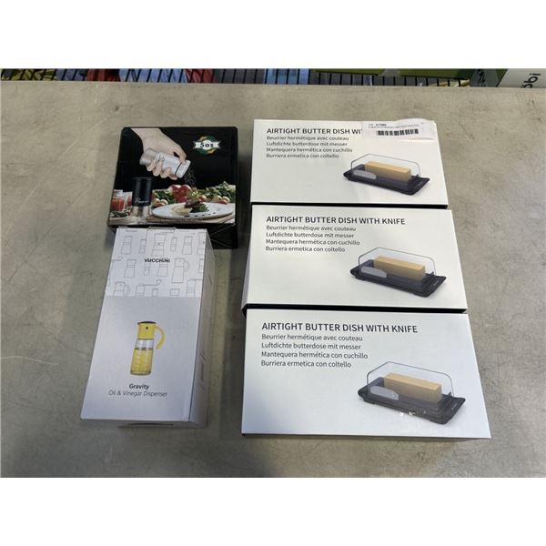 3 NEW KITCHENDAO AIRTIGHT BUTTER DISH WITH KNIFE, NEW VUCCHINI GRAVITY OIL & VINEGAR DISPENSER, AND 