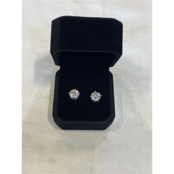 NEW S925 2.0CT EACH SIMULATED DIAMOND (CZ) STUD EARRINGS, MOUNTED IN 925 STERLING SILVER W/ WHITE GO