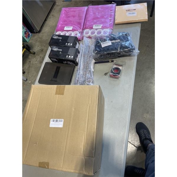 TRAY OF AMAZON OVERSTOCK INCLUDING ADWAITA SHOWER CURTAINS, LANWANDENG DOOR KNOBS, TINFOIL BLACK PLA