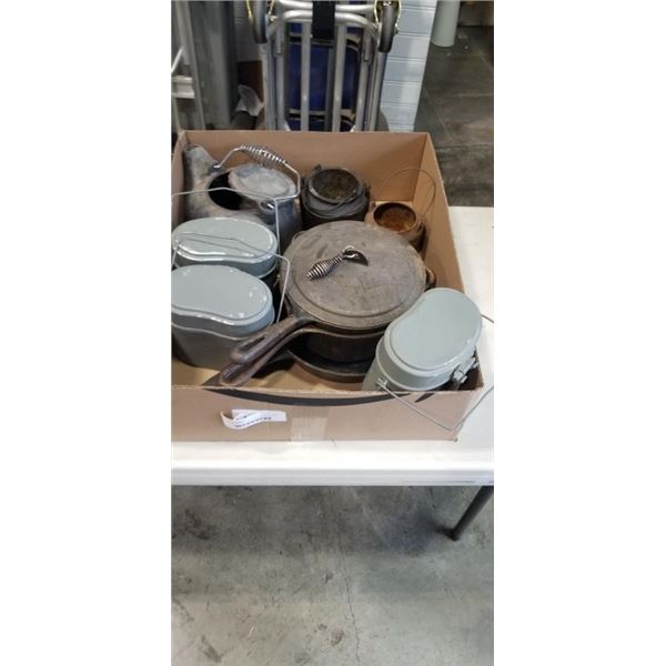 ASSORTED VINTAGE CAST IRON POTS AND PANS VINTAGE TINS ETC