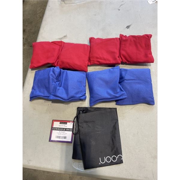 8 NEW CORNHOLE BAGS. 4 RED BAGS, 4 BLUE BAGS