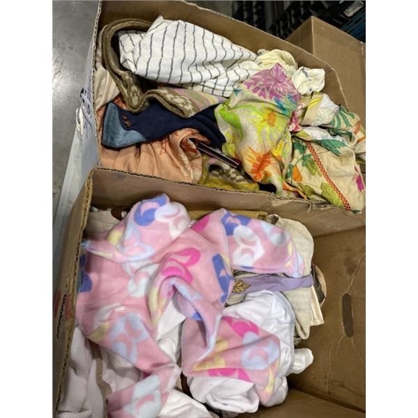 2 BOXES OF ASSORTED NEW SCARVES, CLOTHING ETC