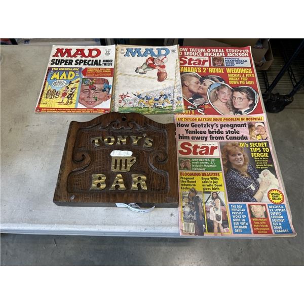BAR SIGN AND VINTAGE MAGAZINES