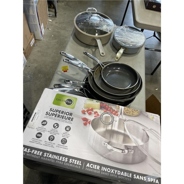 BOX OF GREEN PAN FRYING PANS