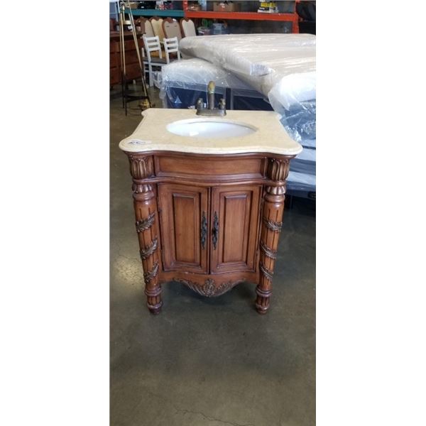SINGLE VANITY WITH STONE TOP AND BRASS TAPS, 28 INCH