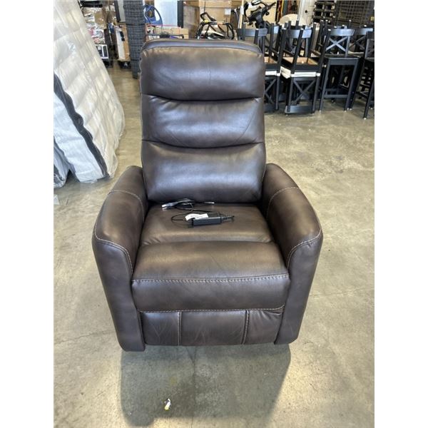 CINDY CRAWFORD HOME BROWN LEATHER POWER  SWIVEL RECLINER