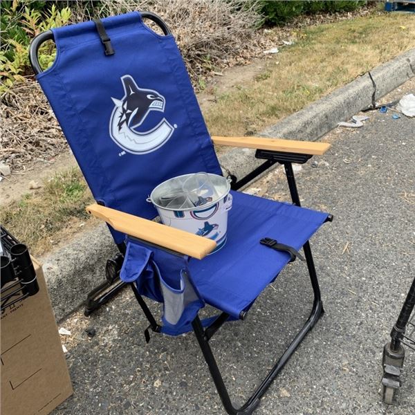 AS NEW VANCOUVER CANUCKS FOLDING CHAIR SAFE ADJUST WITH CANUCKS TIN OF GLASSES AND PUCK