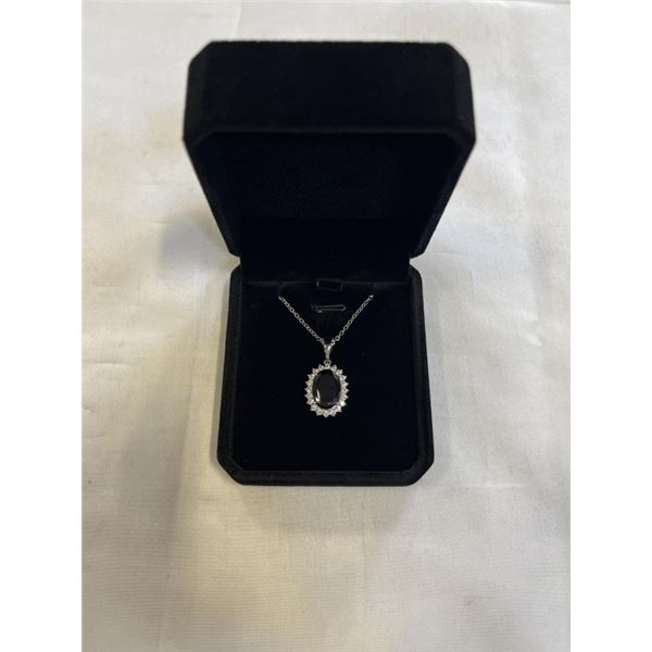 NEW PLATINUM PLATED 6.0CT OVAL CUT BLACK SIMULATED DIAMOND (CZ) HALO NECKLACE 17-19" LONG
