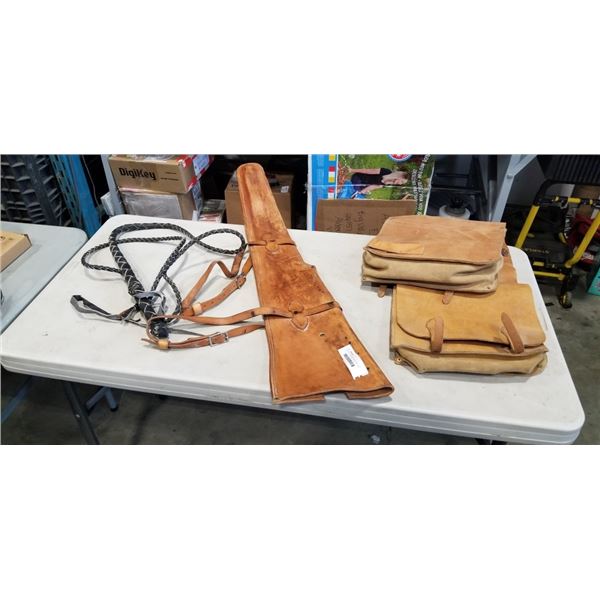 LEATHER GUN HOLDER, SADLE BAGS, AND WHIP